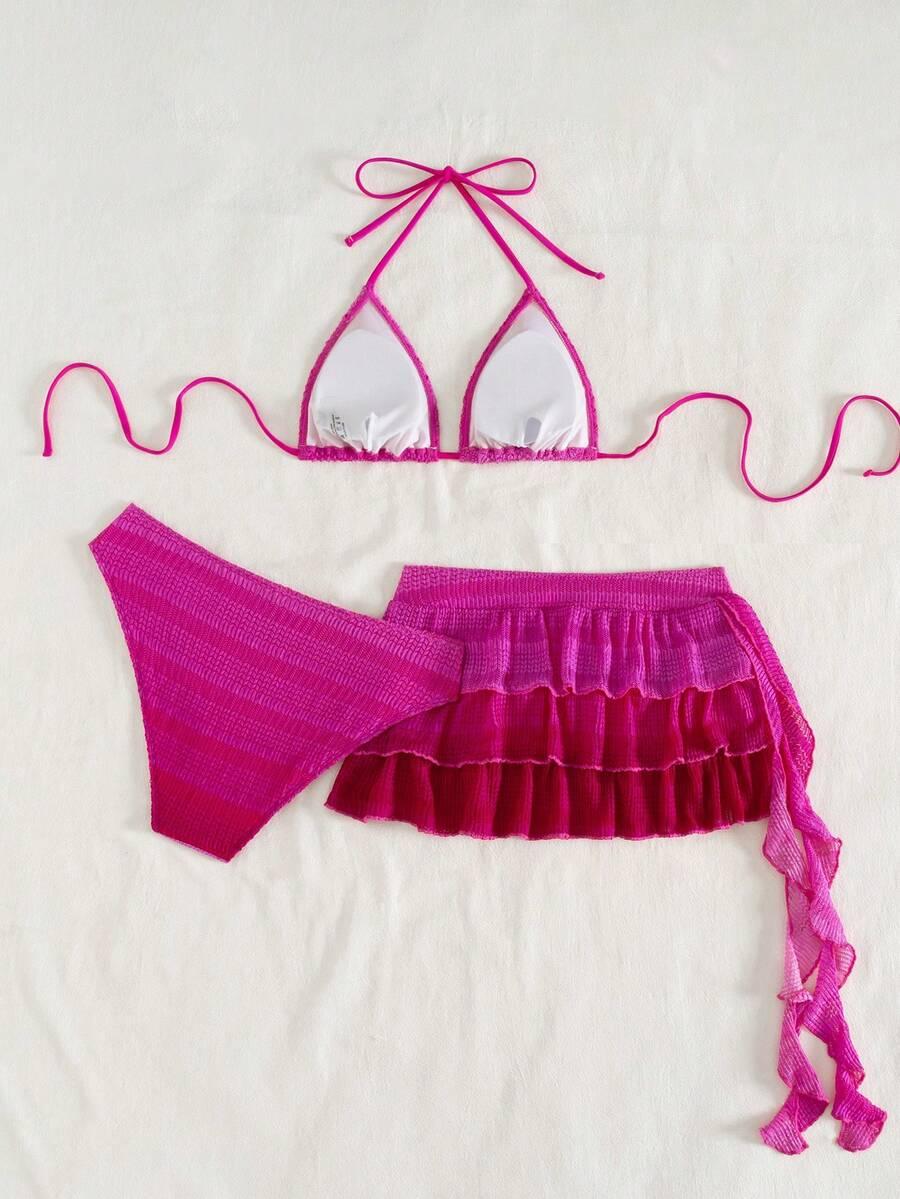 różowy komplet bikini spódnica