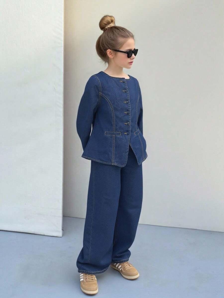 niebieski komplet jeans bluzka spodnie