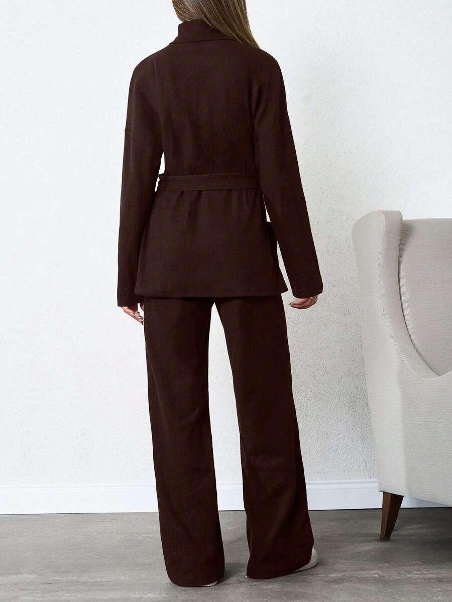BRĄZOWY KOMPLET SWETER SPODNIE 