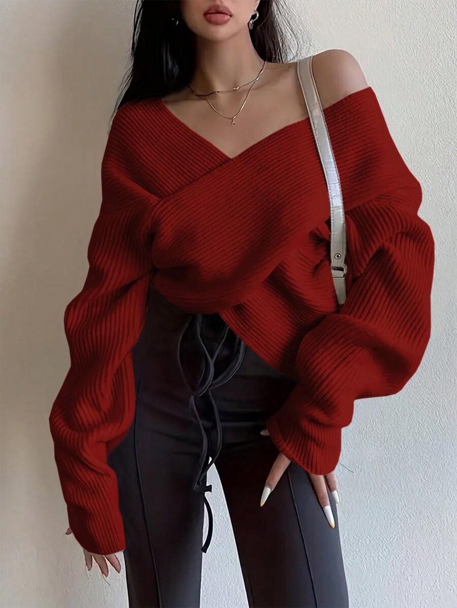 CZERWONY SWETER V-NECK