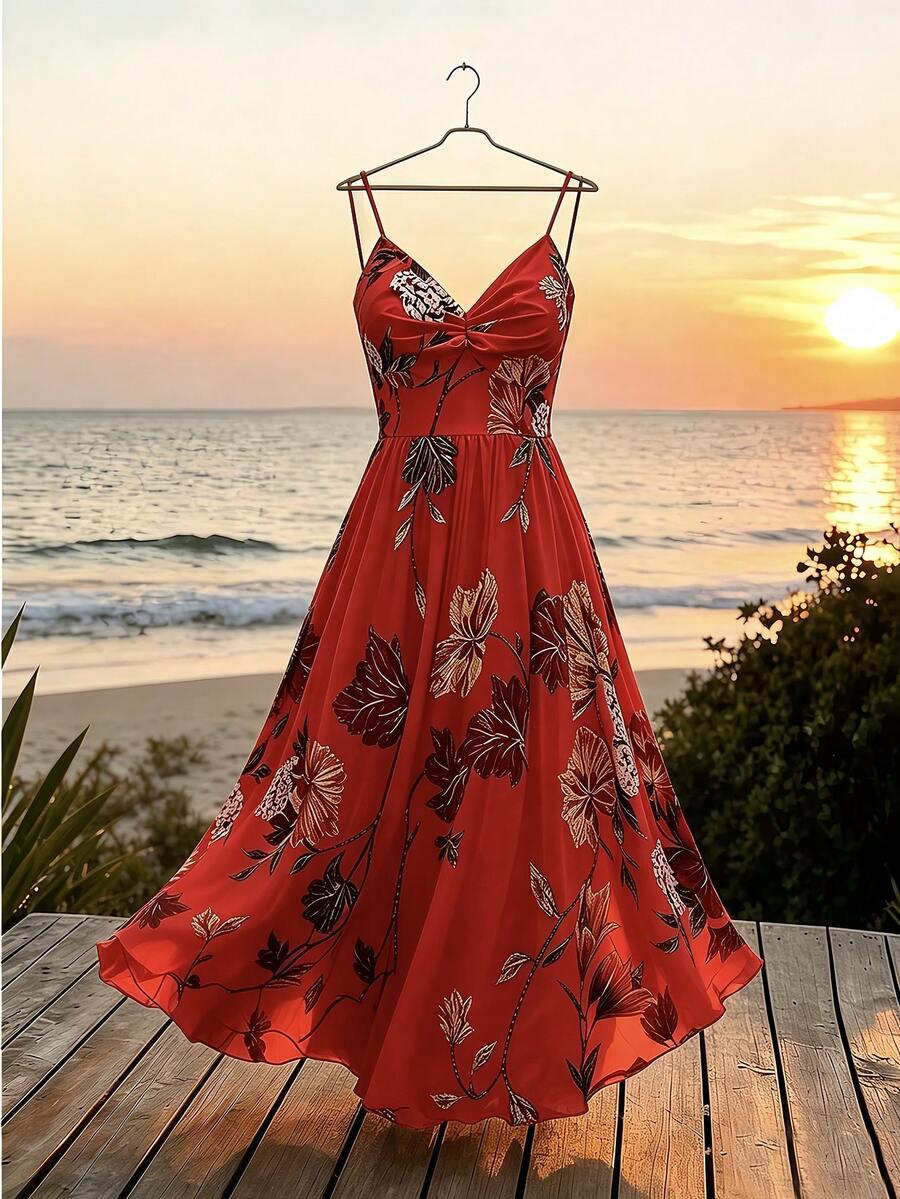 czerwona maxi sukienka print