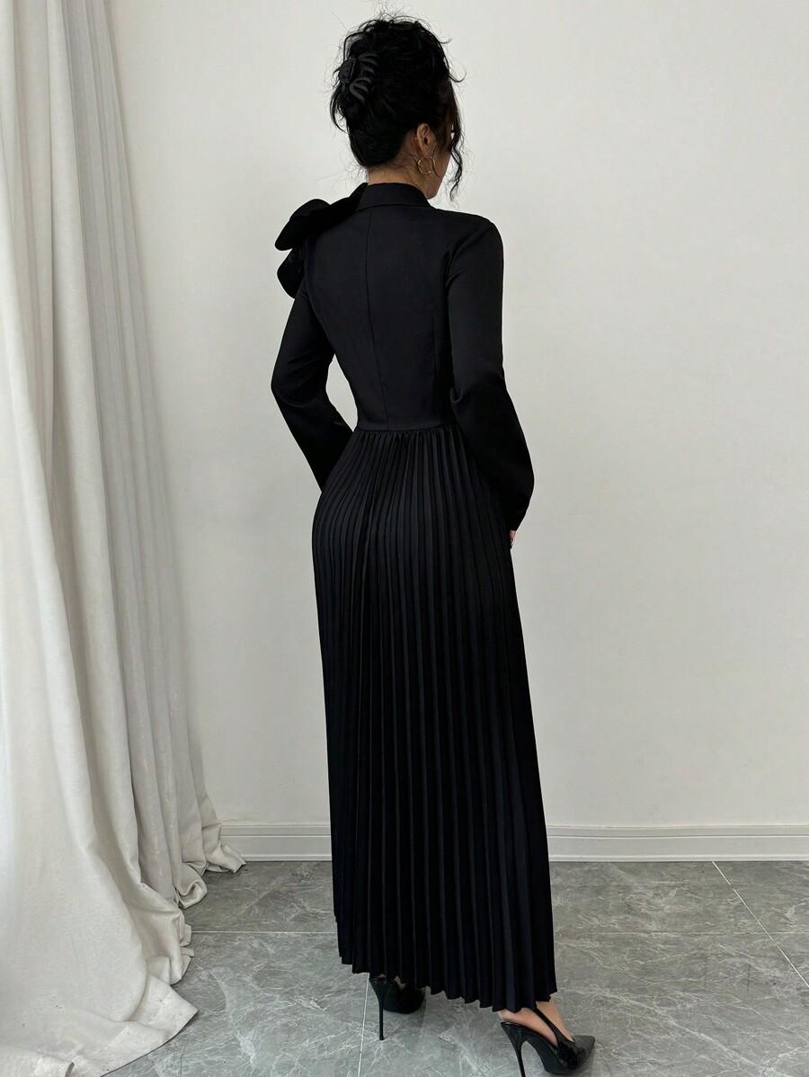 CZARNA SUKIENKA V NECK plisy kwiat 3d