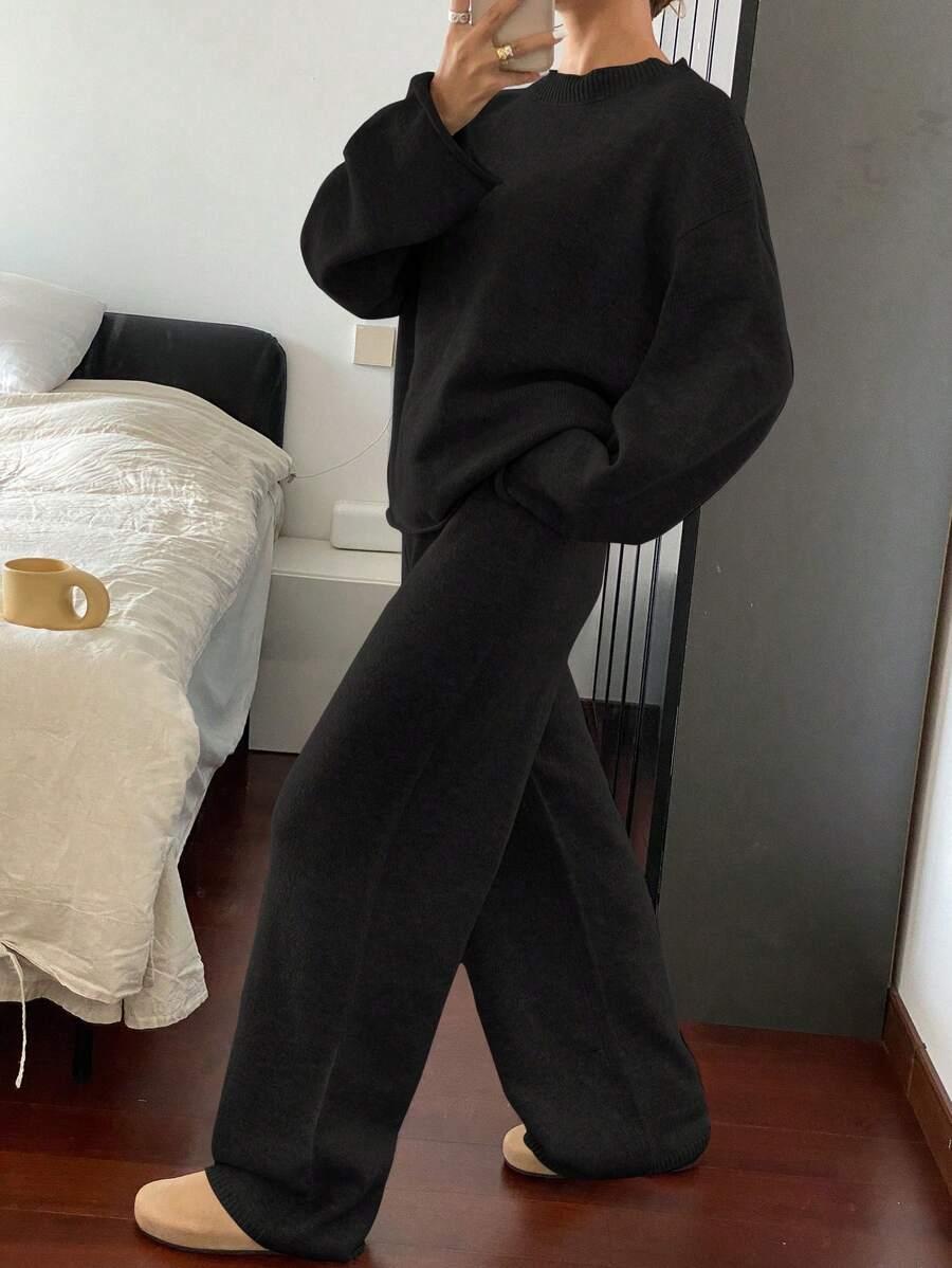 CZARNY KOMPLET SWETER SPODNIE 