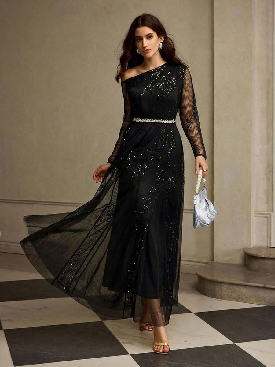 czarna maxi sukienka cekiny