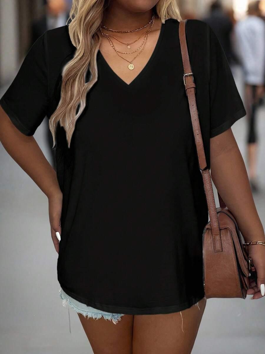 CZARNY T-SHIRT BASIC V-NECK