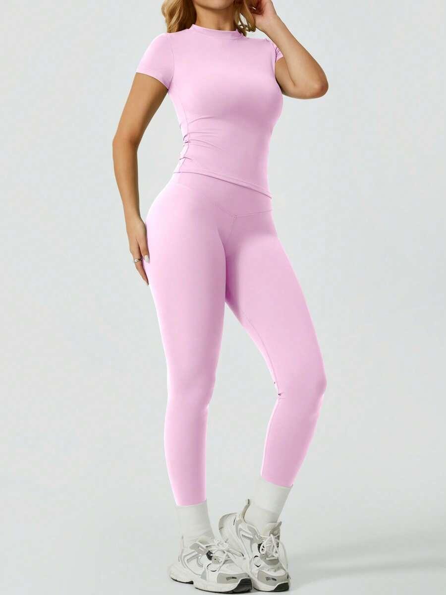 różowy komplet legginsy top