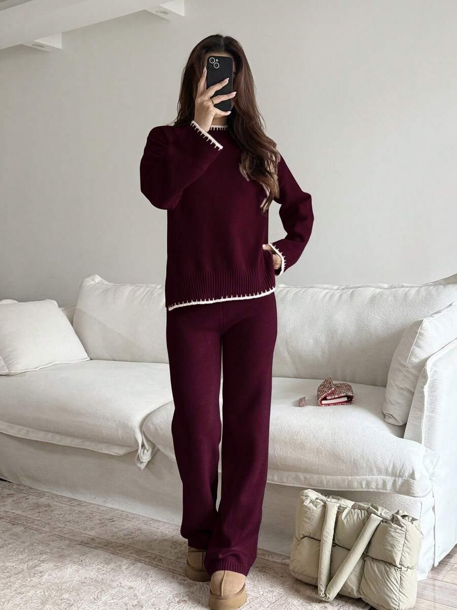 bordowy komplet sweter spodnie