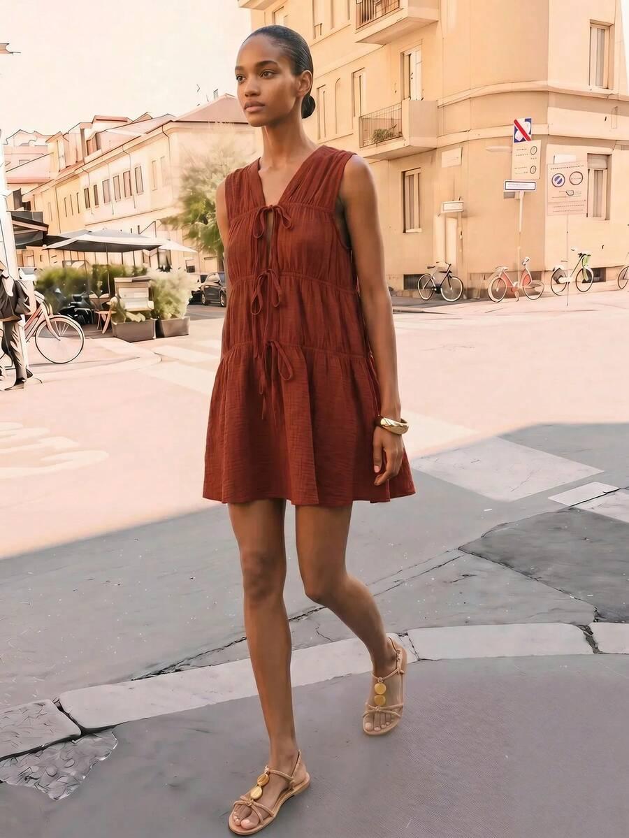 miedziana mini sukienka oversize wiązanie