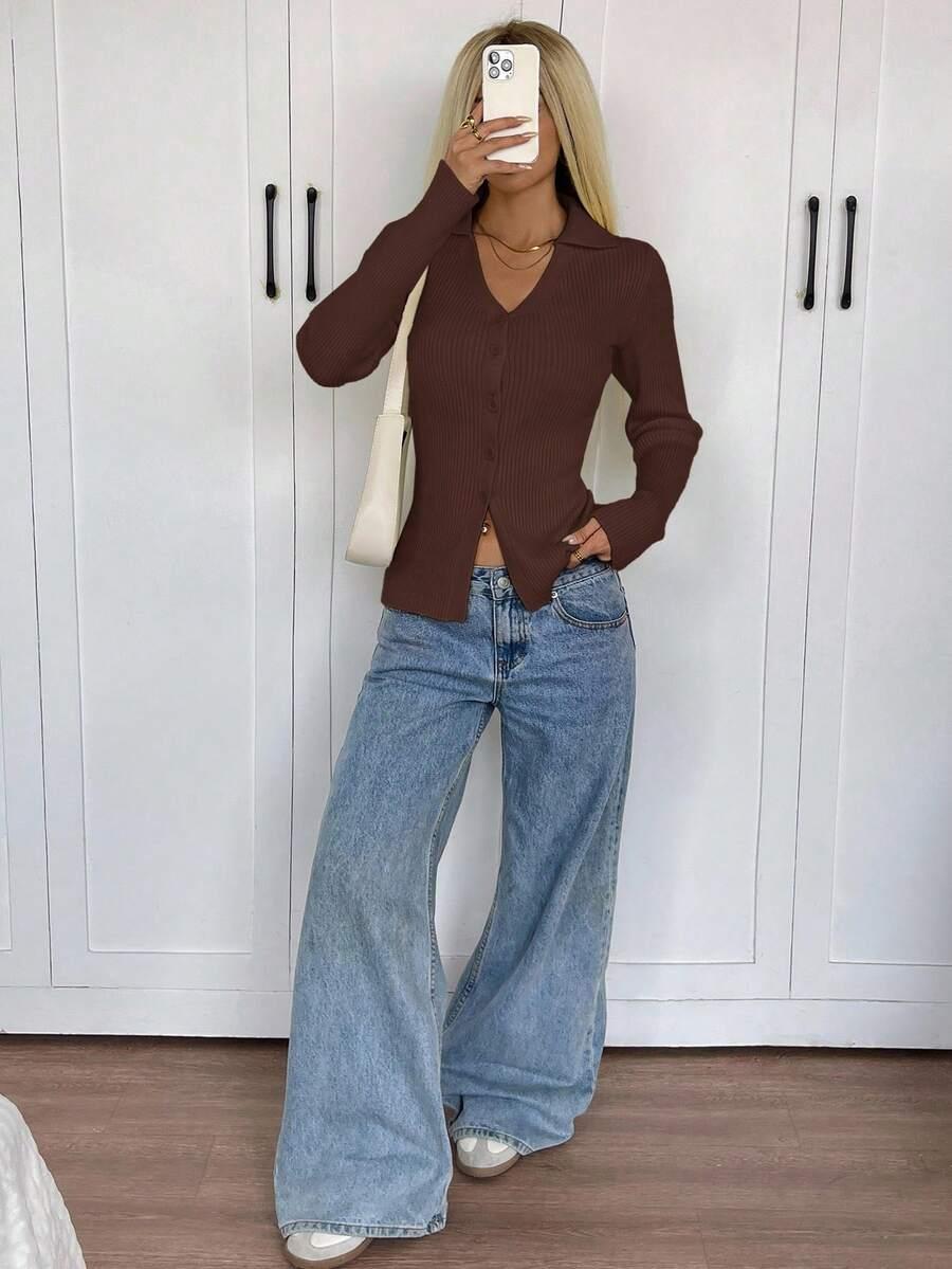 BRĄZOWY DZIANINOWY SWETER GUZIKI 