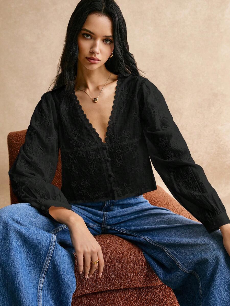 CZARNA BLUZKA V-NECK DŁUGI RĘKAW