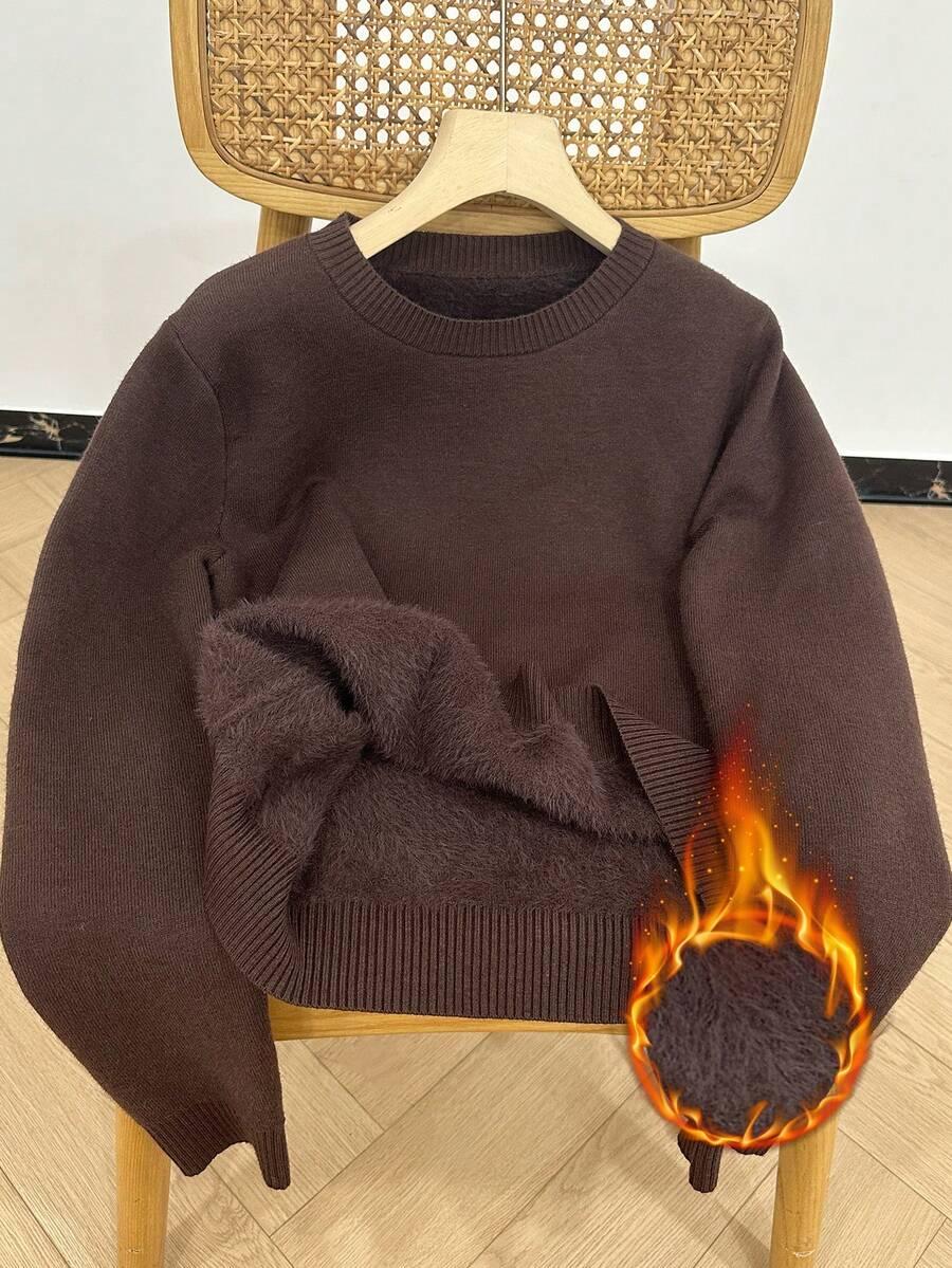 ocieplany BRĄZOWY SWETER OKRĄGŁY DEKOLT