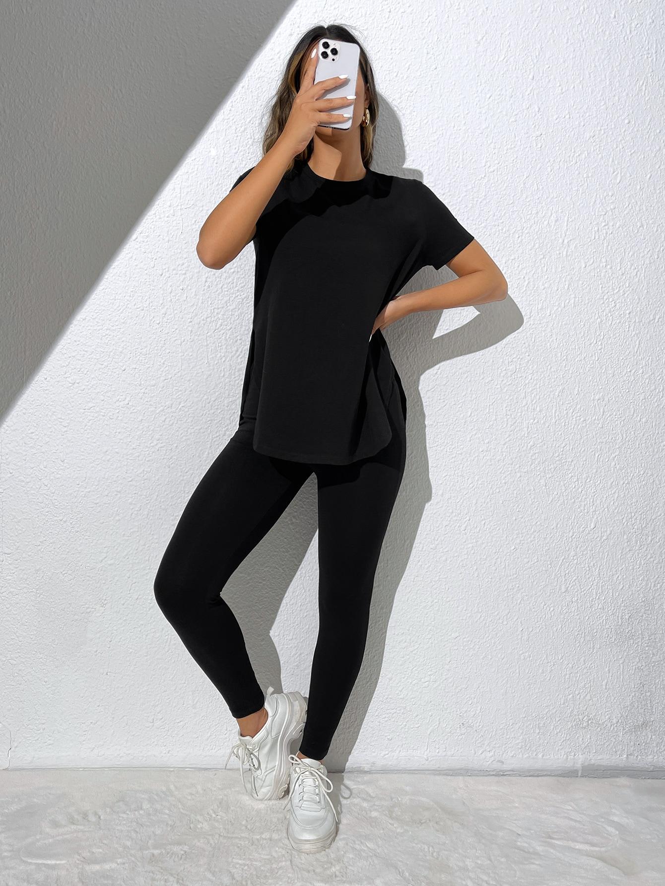 CZARNY T-SHIRT LEGGINSY KOMPLET