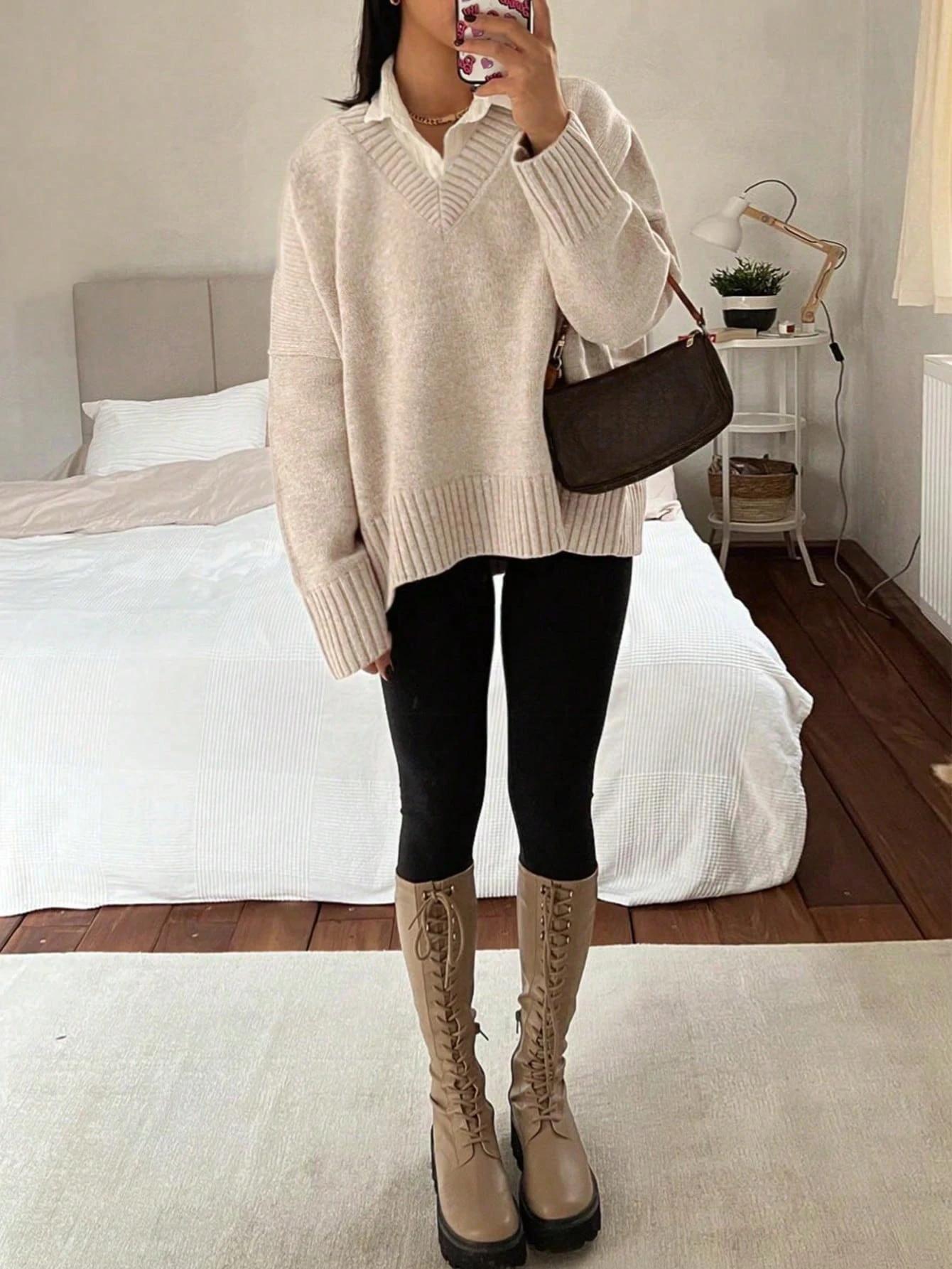 BEŻOWY DZIANINOWY sweter v neck 