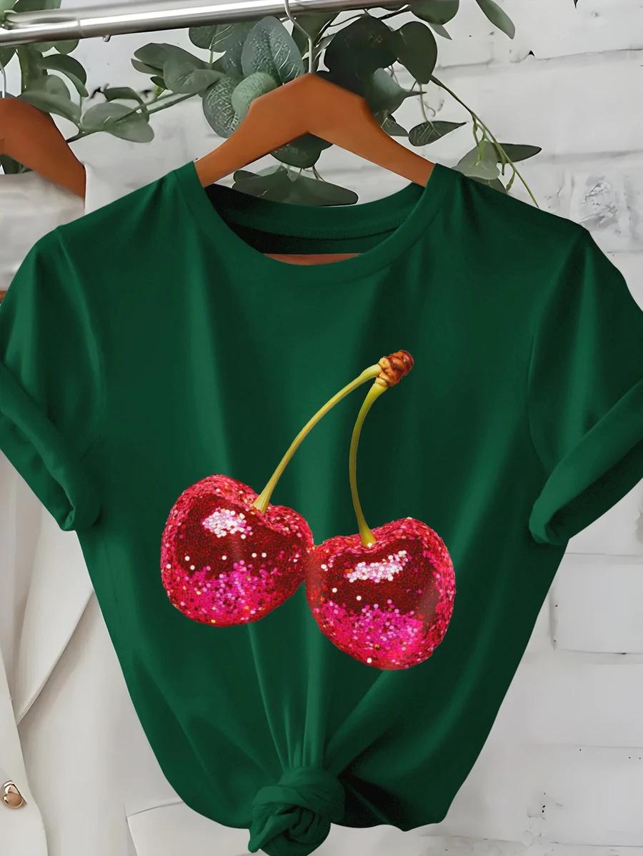 zielony t-shirt nadruk wisienki