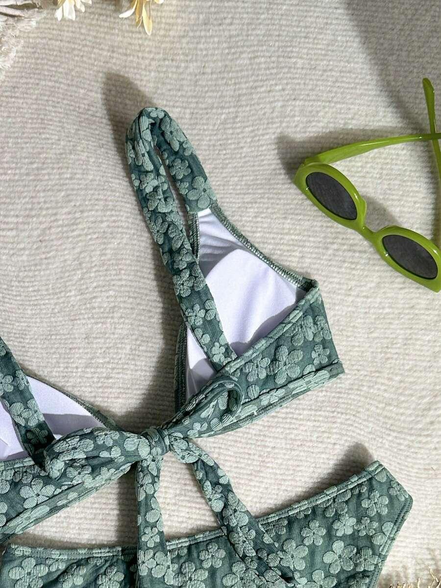 ZIELONY KOMPLET BIKINI WZÓR KWIATY