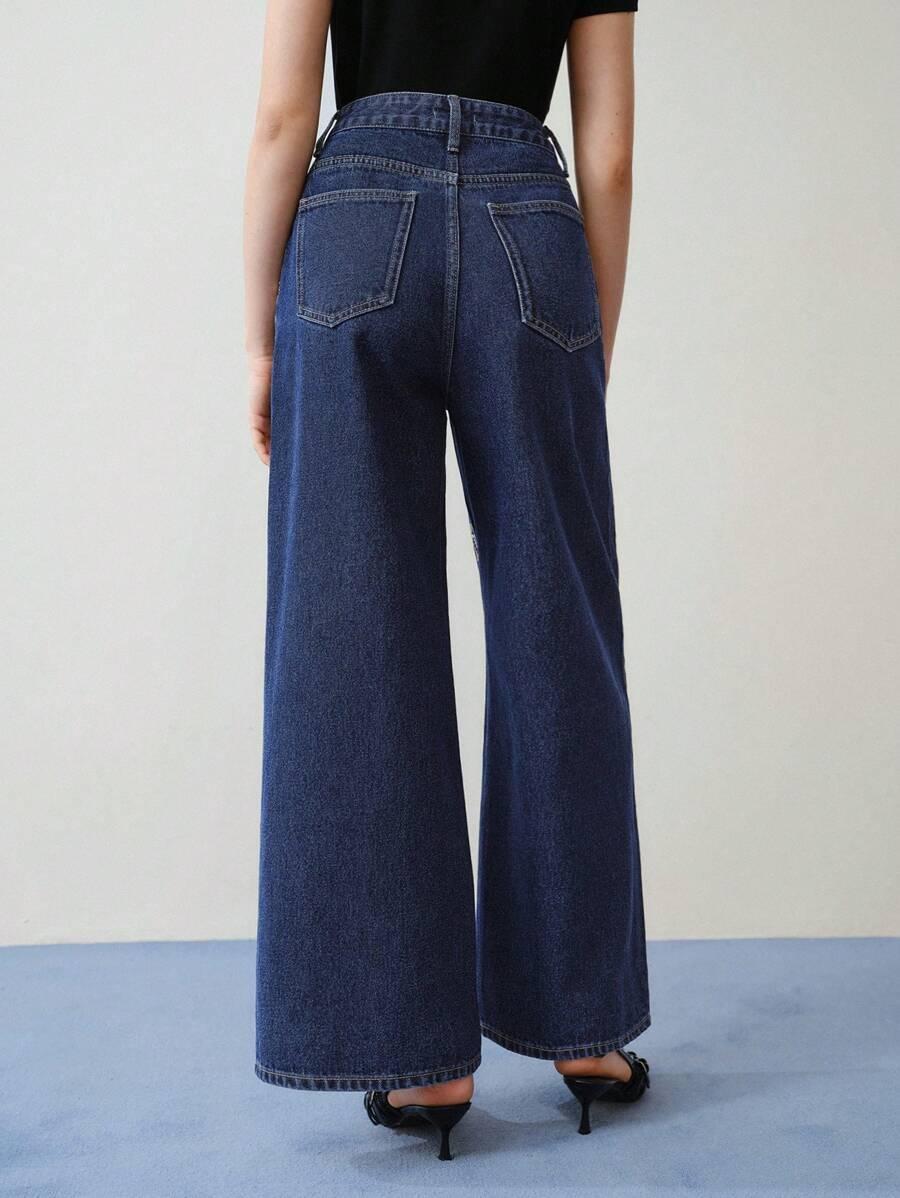 spodnie jeans wysoki stan zdobienie kokarda 