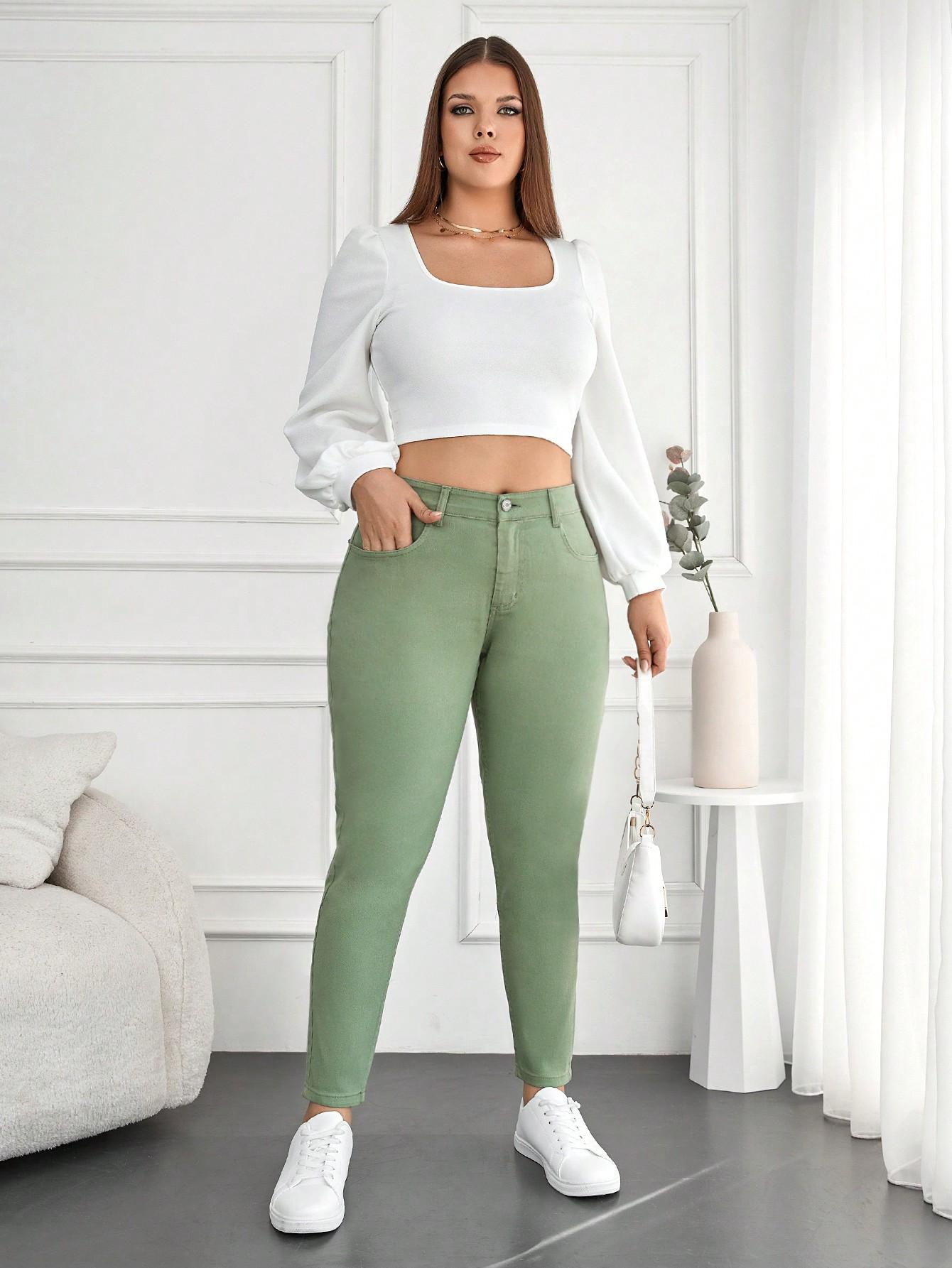 zielone spodnie jeans rurki wysoki stan