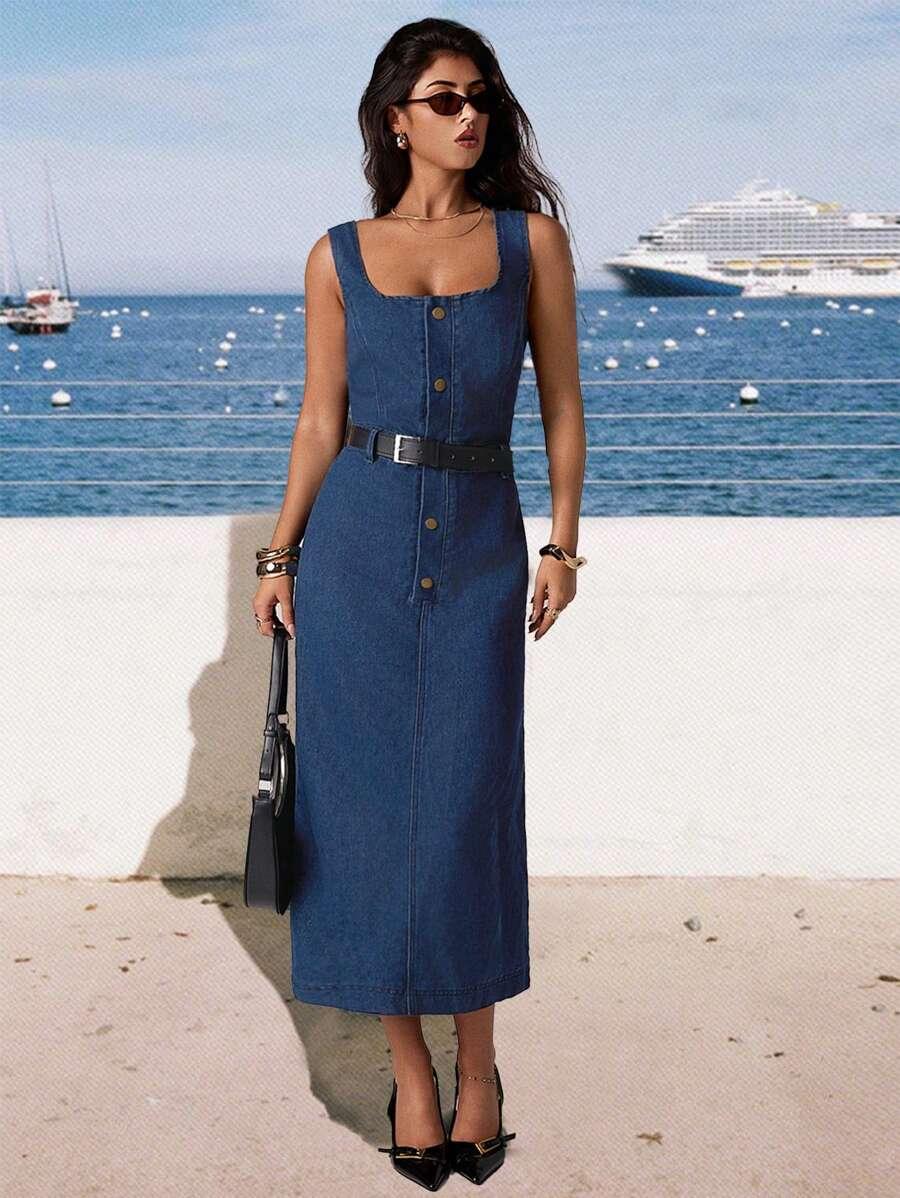 granatowa sukienka jeans guziki