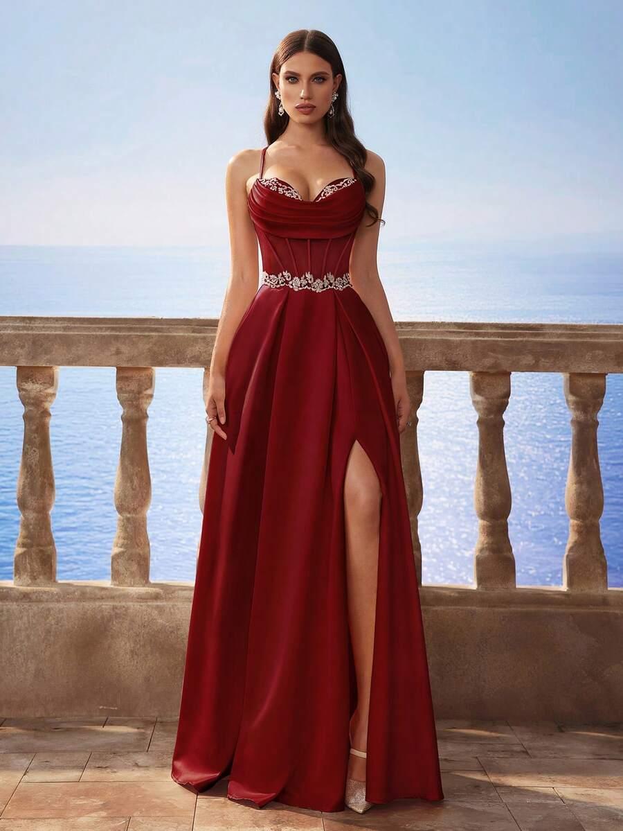 satynowa maxi sukienka rozcięcie zdobienia cross back
