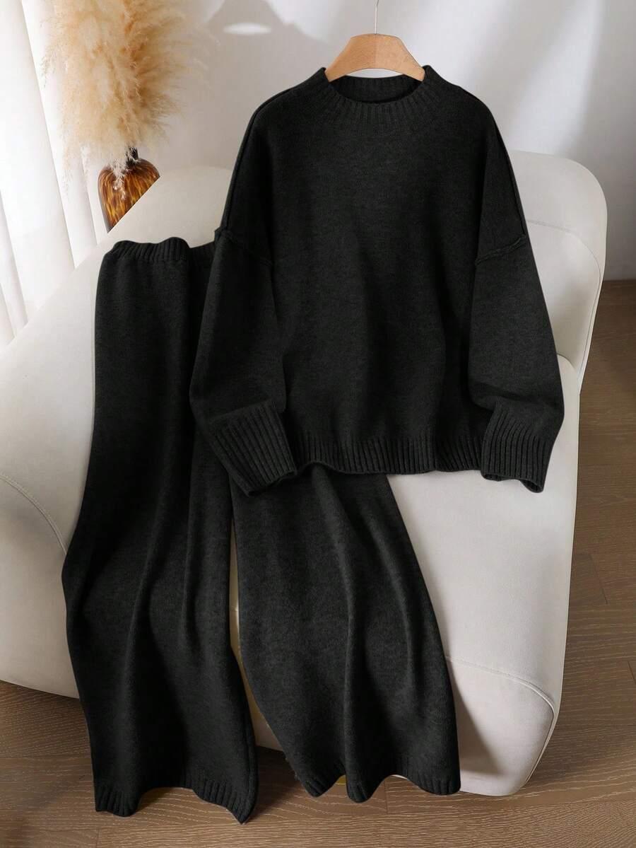CZARNY KOMPLET SWETER SPODNIE