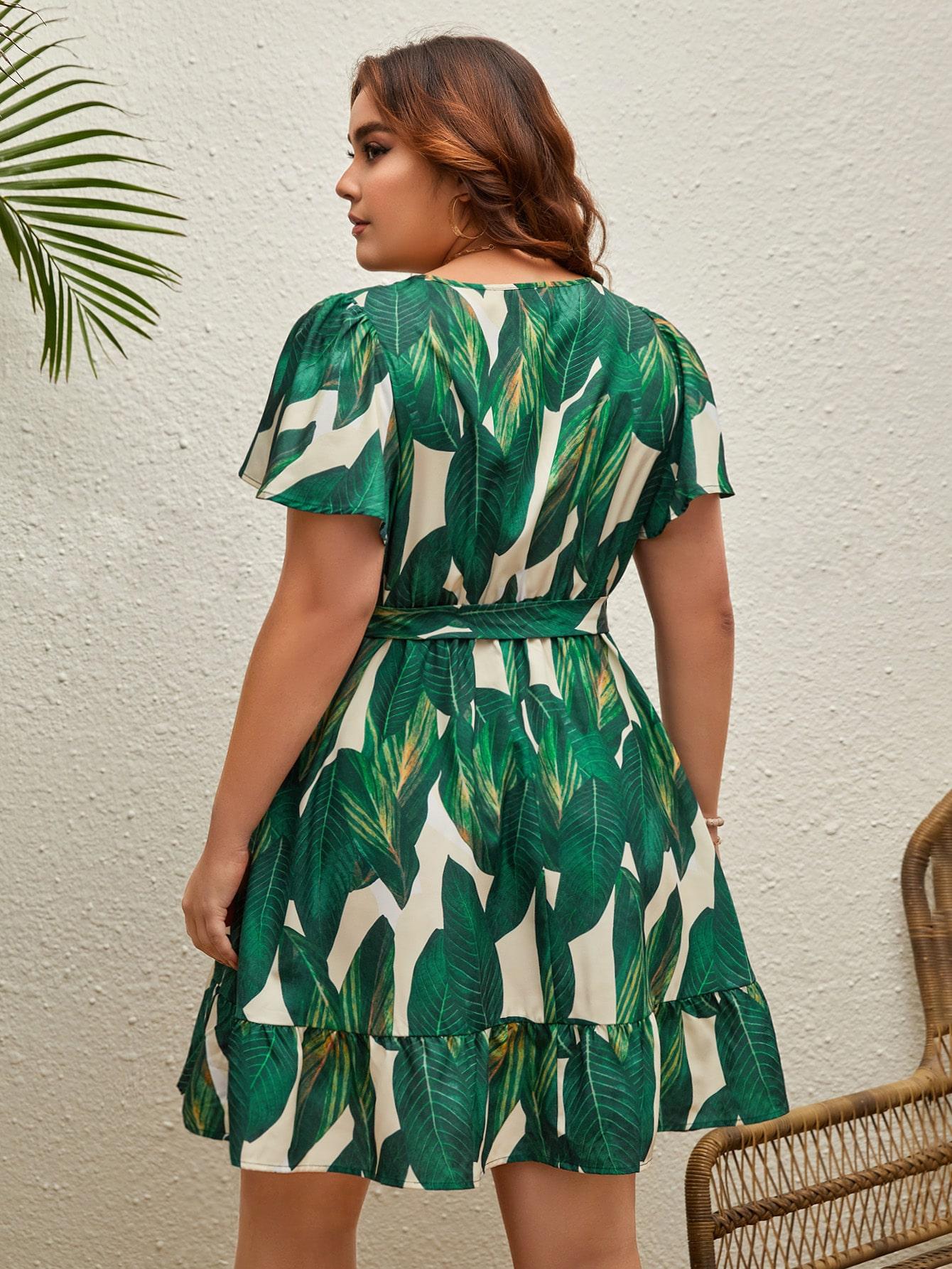 ZIELONA KOPERTOWA MINI SUKIENKA TROPICAL PRINT