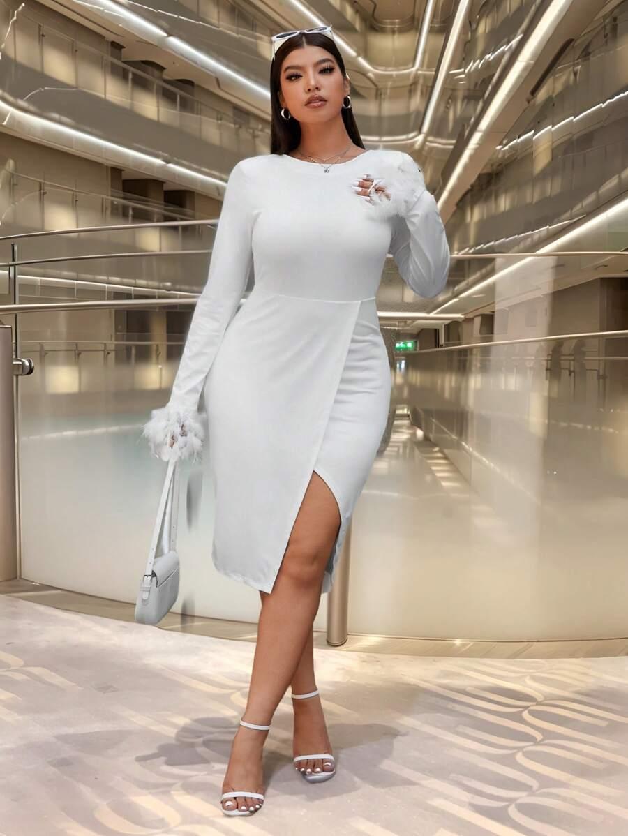 SUKIENKA WIZYTOWA MIDI OŁÓWKOWA PLUS SIZE Z DŁUGIM RĘKAWEM