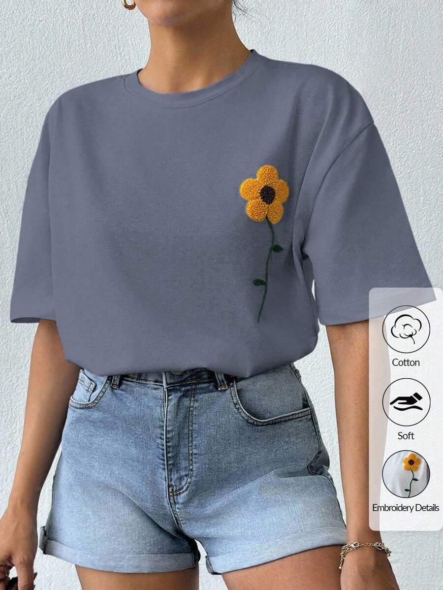szary T-SHIRT HAFT KWIAT