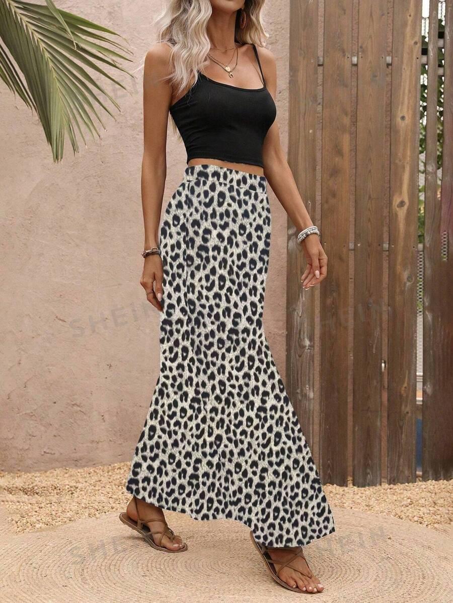 komplet top spódnica maxi animal print rozcięcie