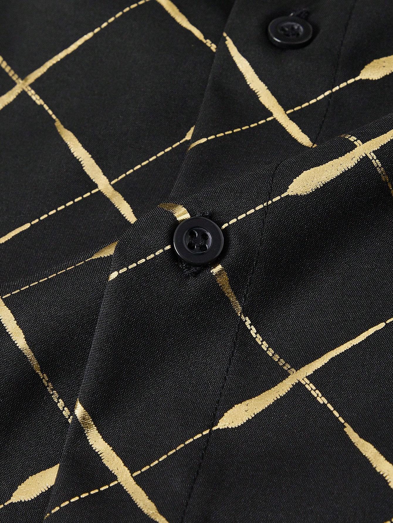 czarna koszula w złotą kratę print loose fit połysk