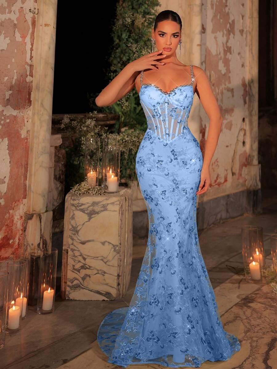 NIEBIESKA MAXI SUKIENKA ZDOBIENIE 