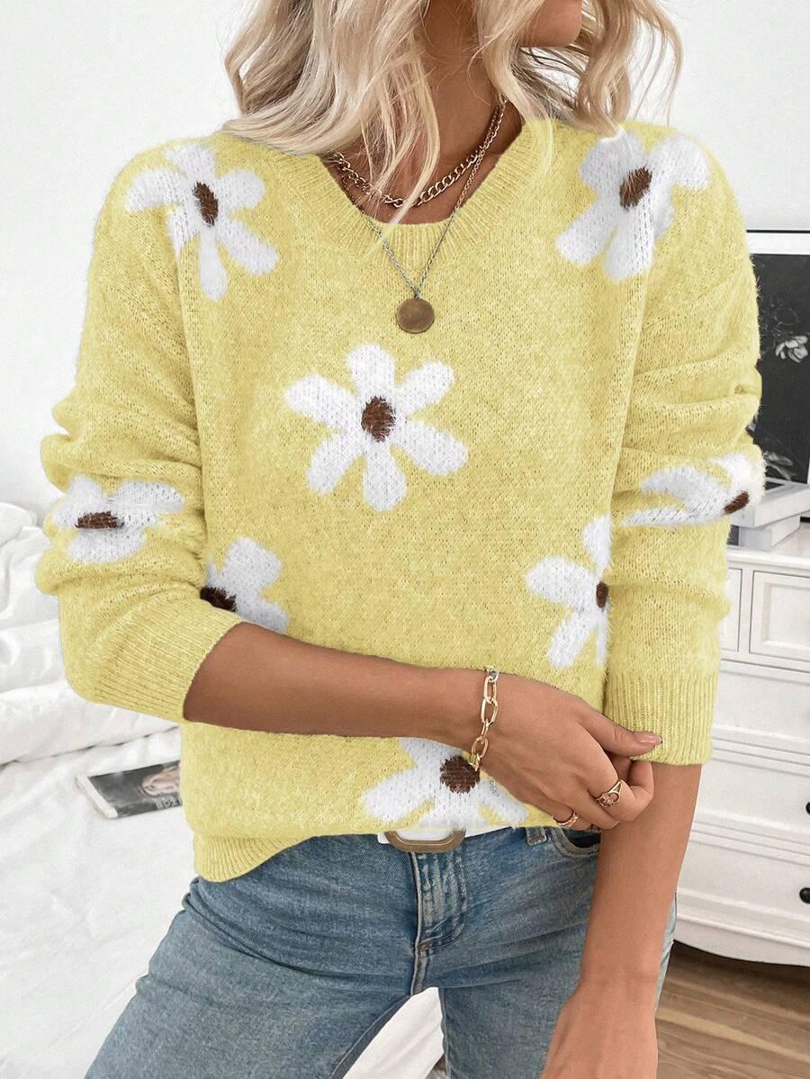 żółty sweter fluffy kwiaty