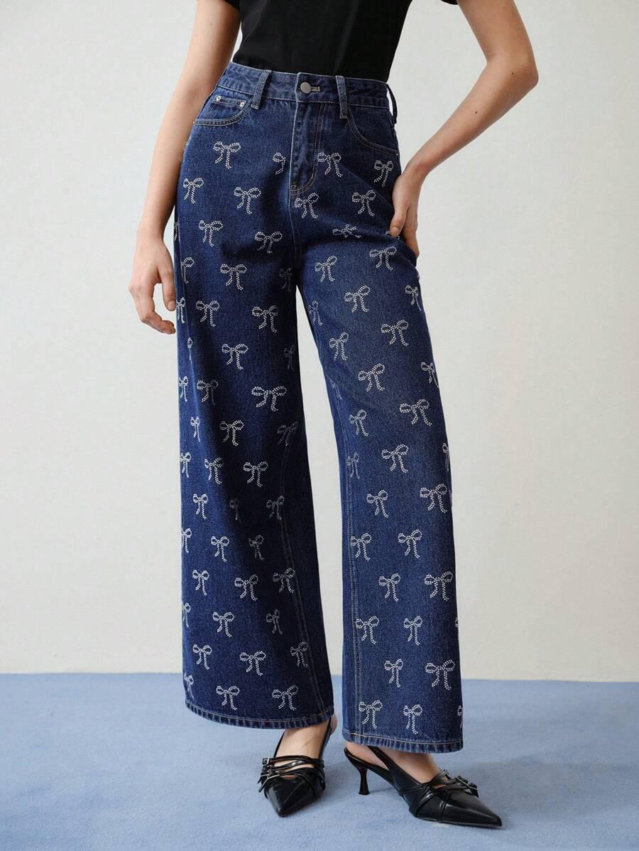 spodnie jeans wysoki stan zdobienie kokarda 