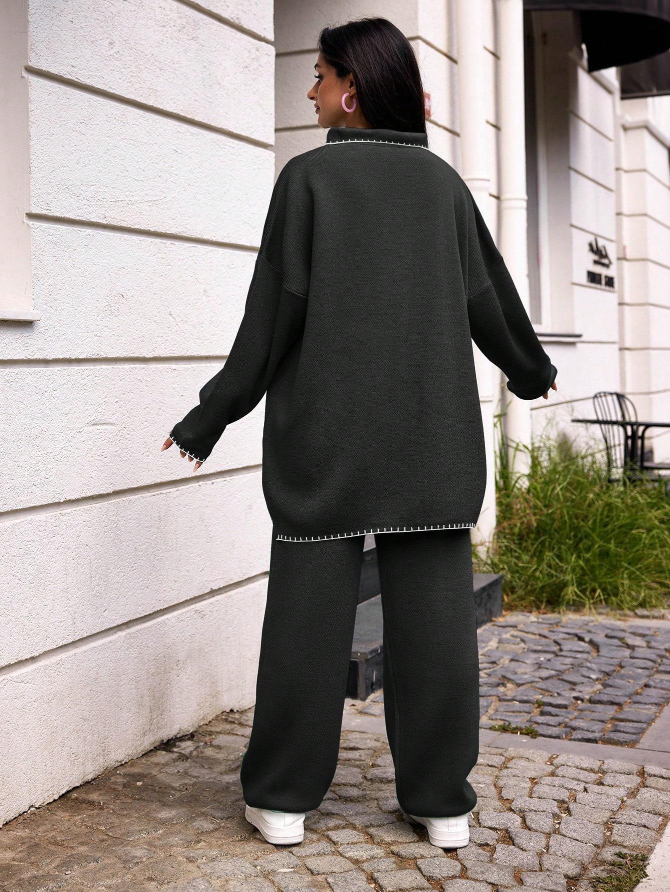 CZARNY KOMPLET SWETER SPODNIE KONTRAST 