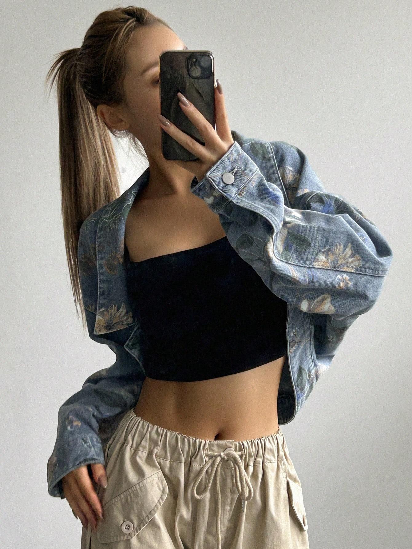 kurtka jeans wzór kwiaty