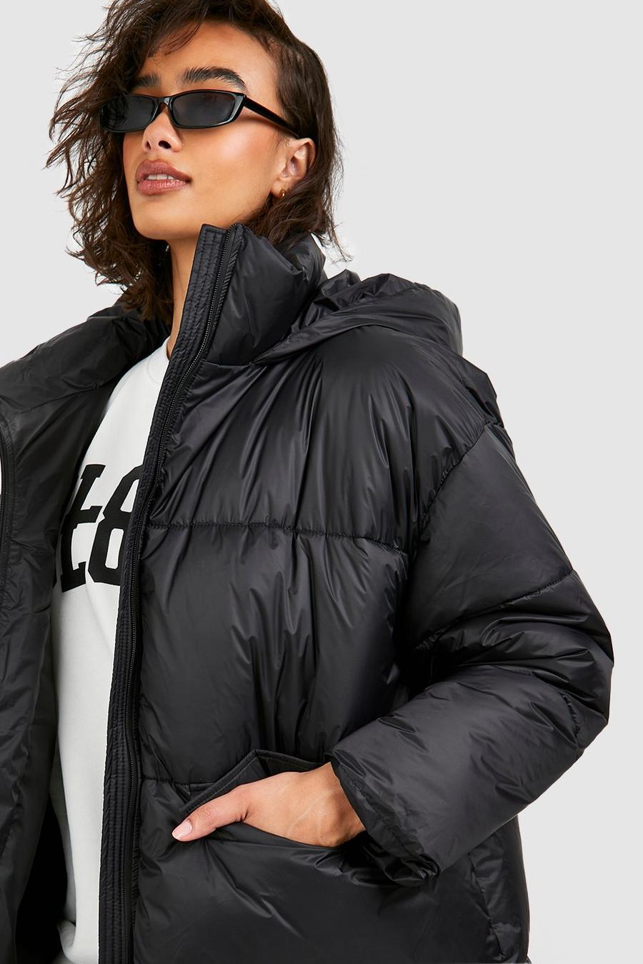 pikowana czarna kurtka puffer oversize kaptur