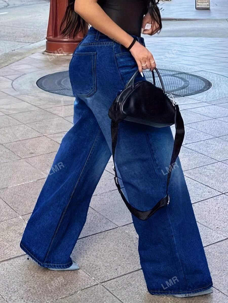 NIEBIESKIE SPODNIE JEANS SZEROKIE NOGAWKI KIESZENIE