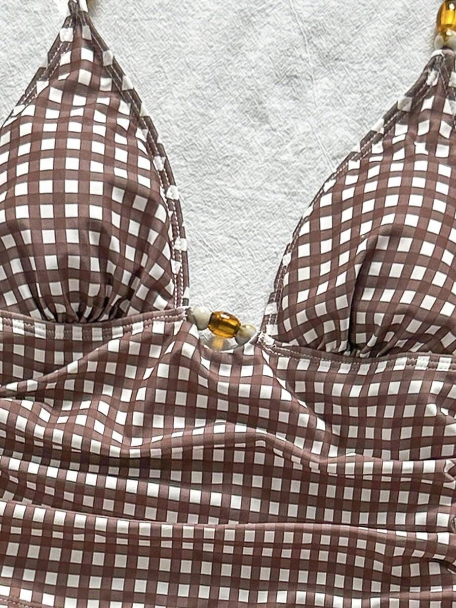 brązowy STRÓJ KĄPIELOWY DWUCZĘŚCIOWY kratka