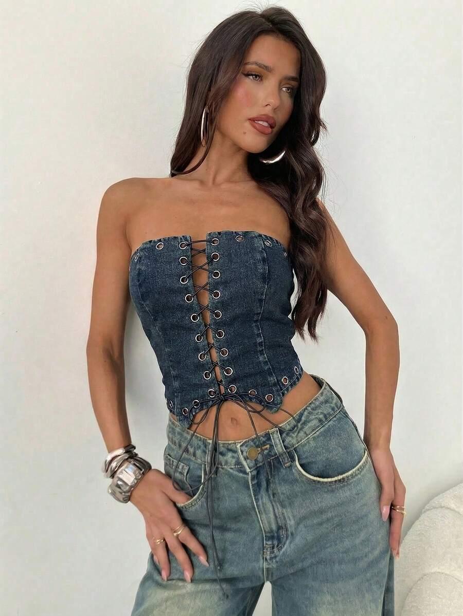 TOP DAMSKI JEANSOWY WIĄZANY