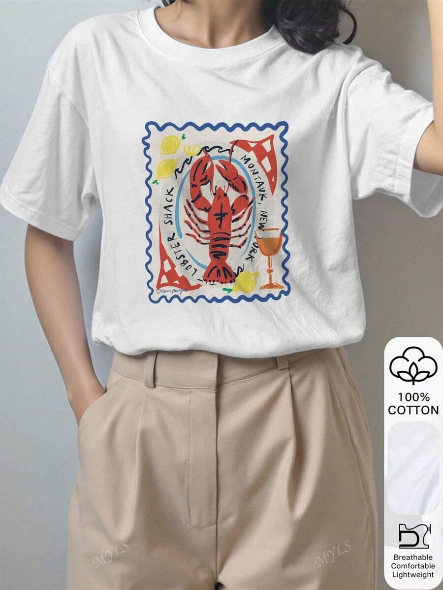T-SHIRT DAMSKI BAWEŁNIANY OKRĄGŁY DEKOLT REGULAR PRINT