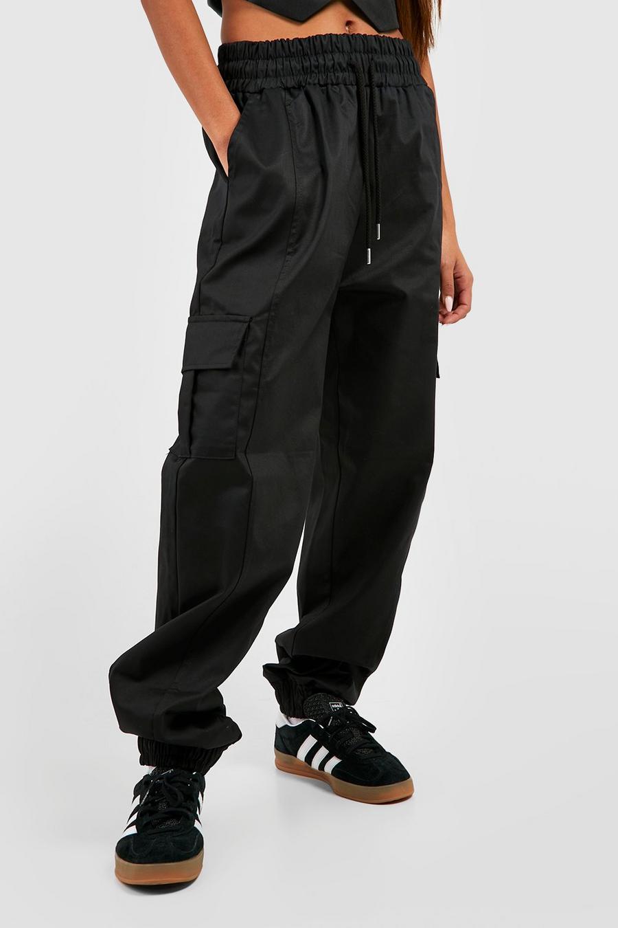 czarne spodnie z wysokim stanem cargo wiązanie casual