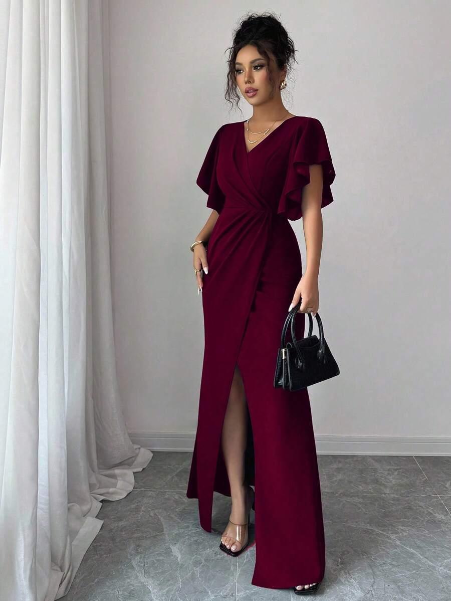BORDOWA MAXI SUKIENKA V-NECK
