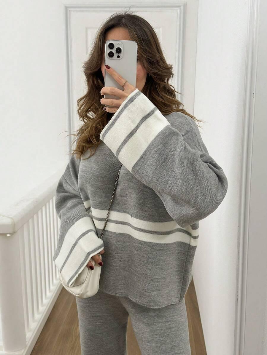 DZIANINOWY KOMPLET SWETER SPODNIE 