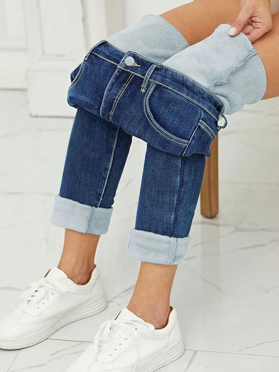 spodnie jeans wysoki stan ocieplenie 