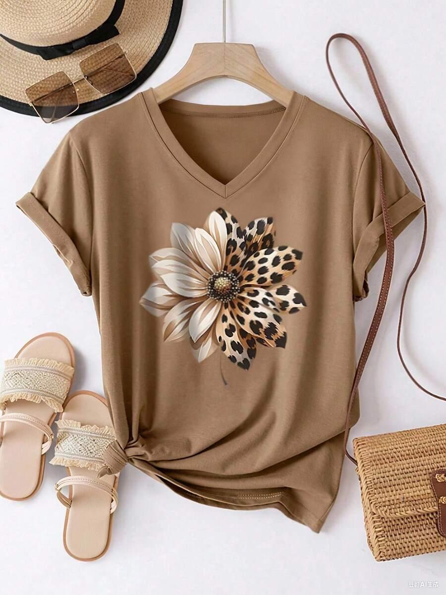 brązowy t-shirt nadruk 