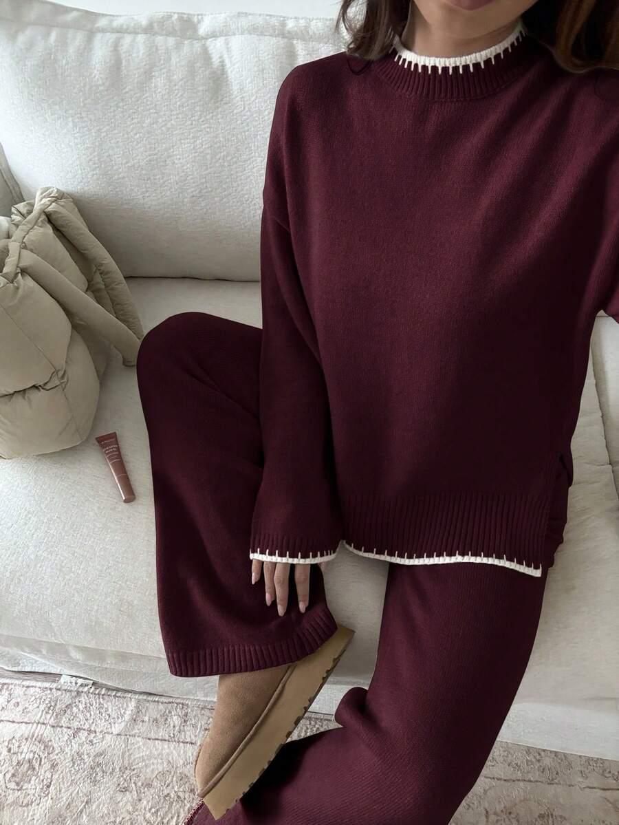 bordowy komplet sweter spodnie