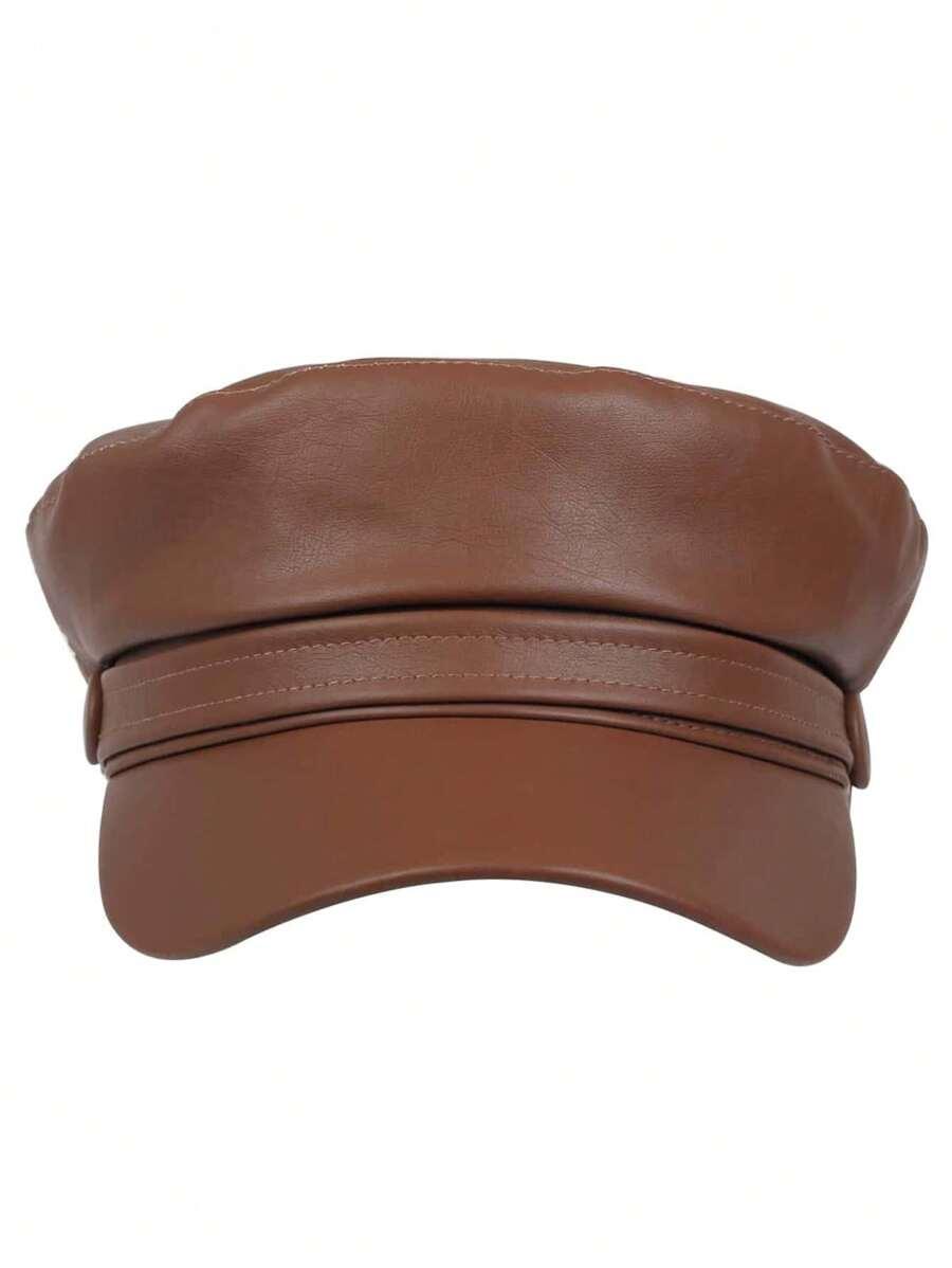 brązowy beret imitacja skóry 