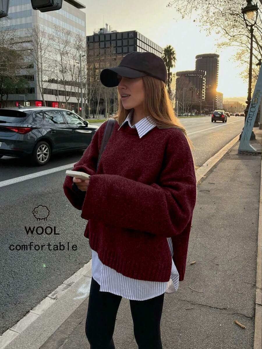 bordowa sweter okrągły dekolt