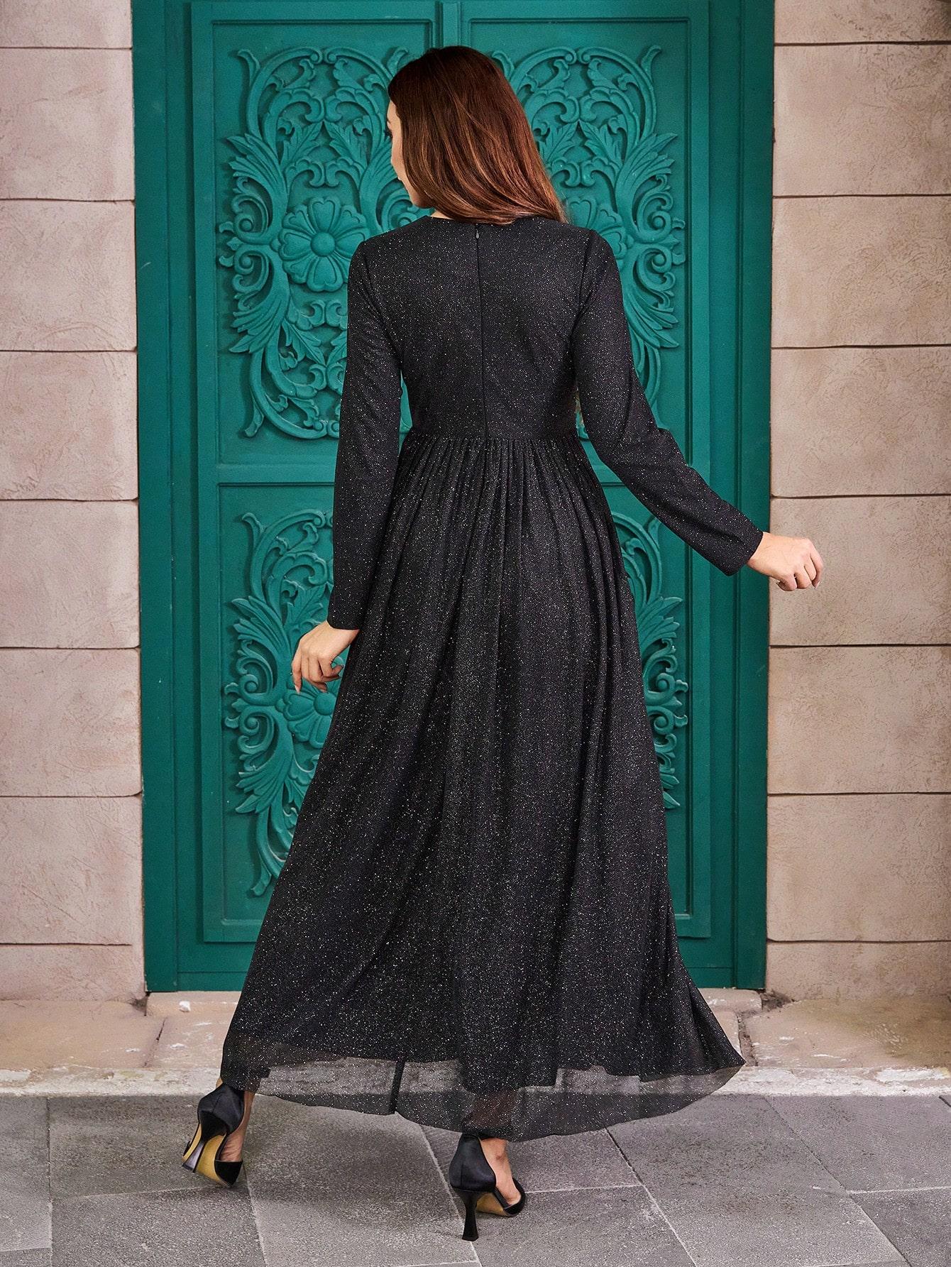 maxi brokatowa sukienka z długim rękawem marszczenia