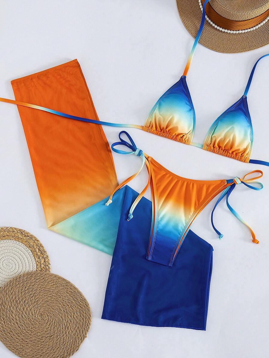 trzyczęściowy komplet bikini pareo ombre