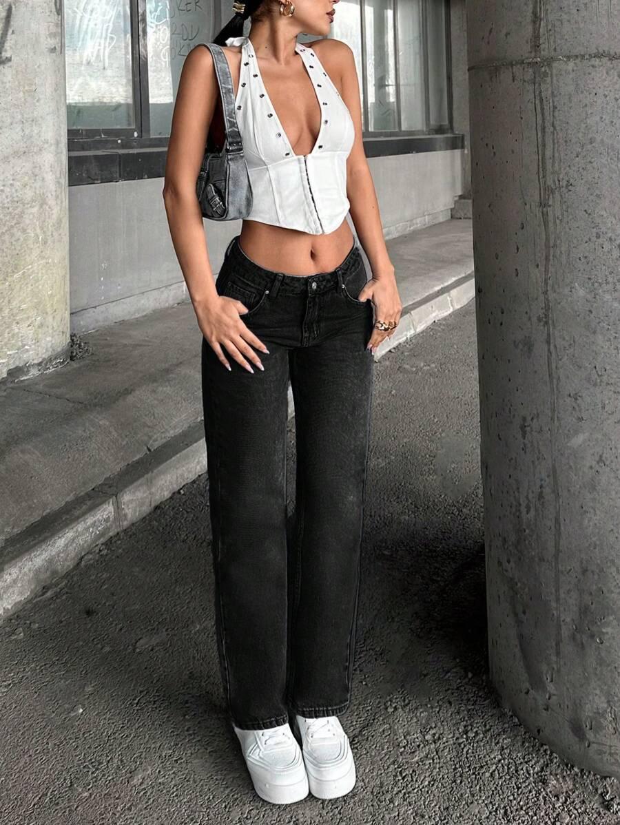 CZARNE PROSTE SPODNIE JEANS